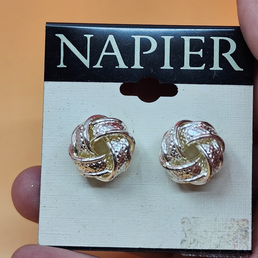 Napier Textured Knot Stud Earrings Two Tone Silver & Gold Tone Vintage Statement